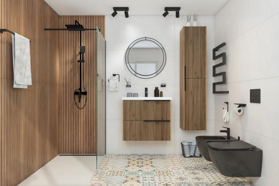 Cum transformi baia într-un spațiu de relaxare: design în alb, lemn și accente grafice